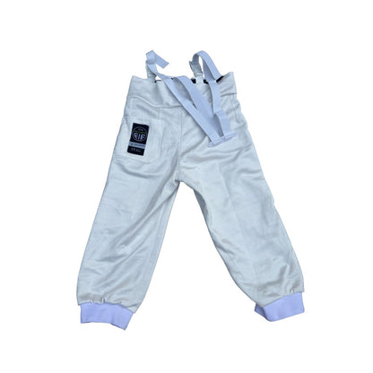 Front zip, 800N FIE fencing breeches with full liner and adjustable suspenders shown against a white background.